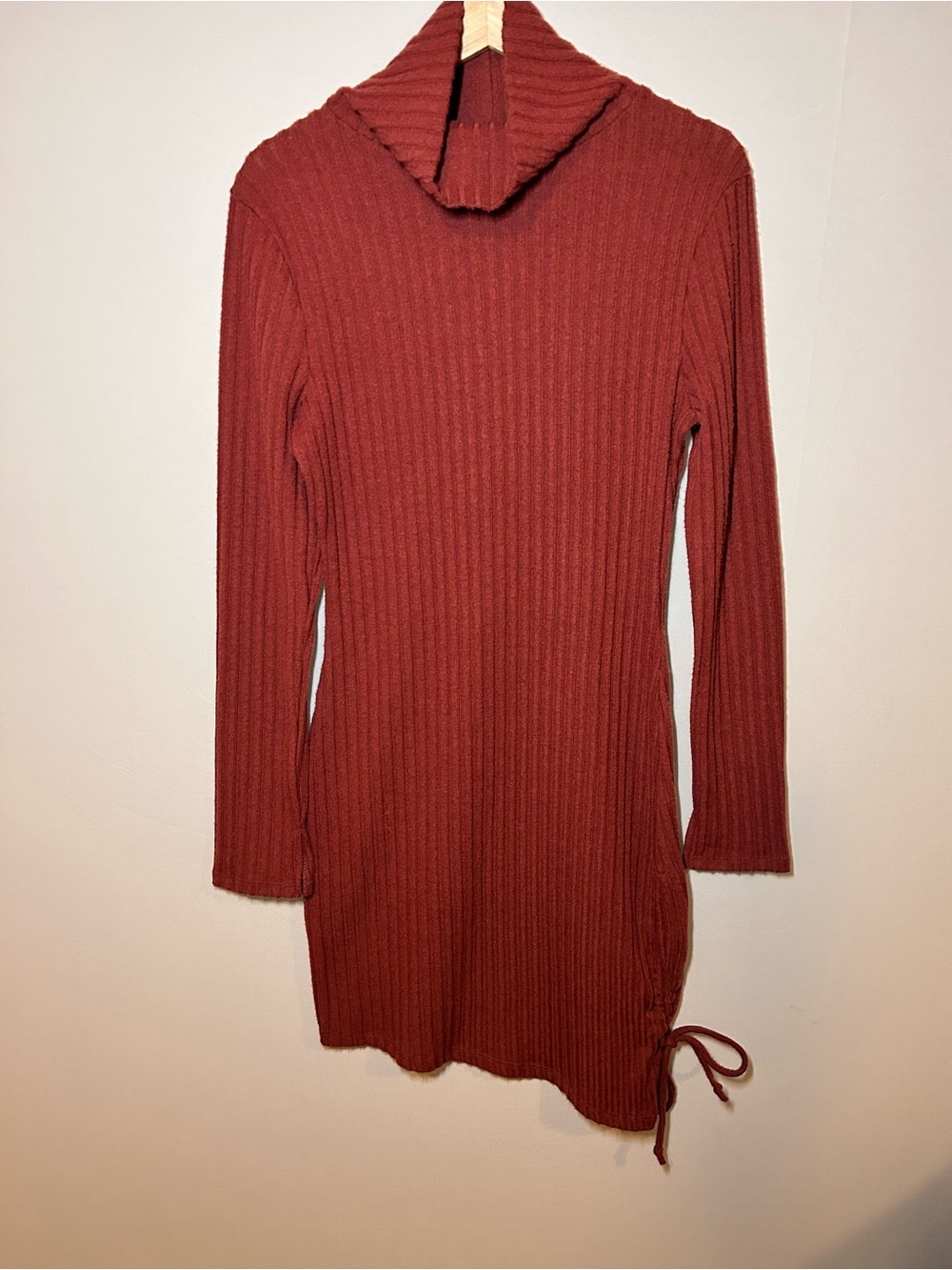 Rust Ribbed Cowl Neck Ruched Sweater Dress L - Picture 2 of 7